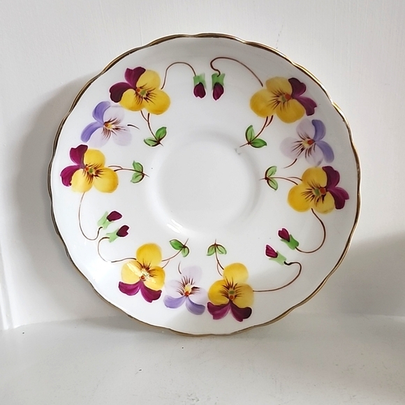 Hand Painted Tuscan Yellow and Purple Pansies Tea Cup & Saucer Set with Gold - Picture 3 of 7